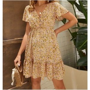 Maternity Yellow Floral Print Butterfly Sleeve Dress